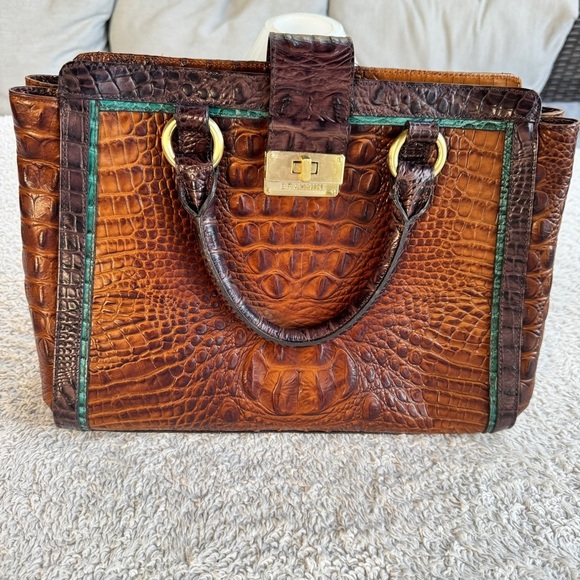 Brahmin Handbags - Brahmin Annabelle Dark Camel Tri-Color Croc-Embossed Leather with Green Trim NWT